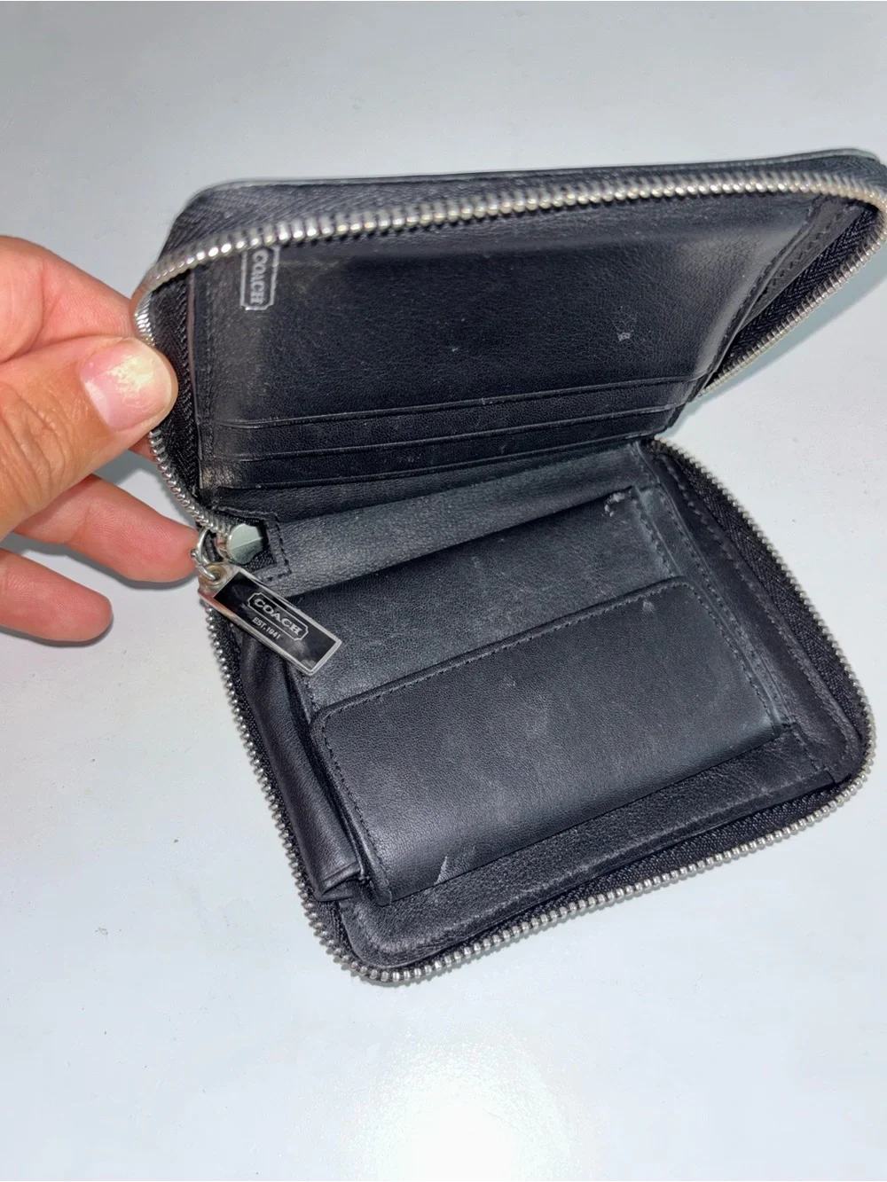 Coach Black Leather Zip-Around Wallet with Contrast Stitching